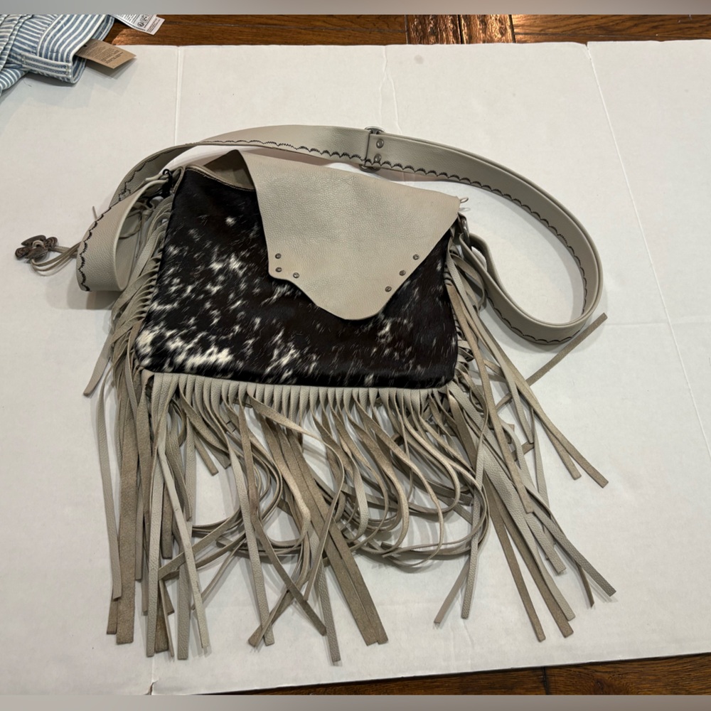No brand listed, handmade leather cowhide purse blanket lined used crossbody bag